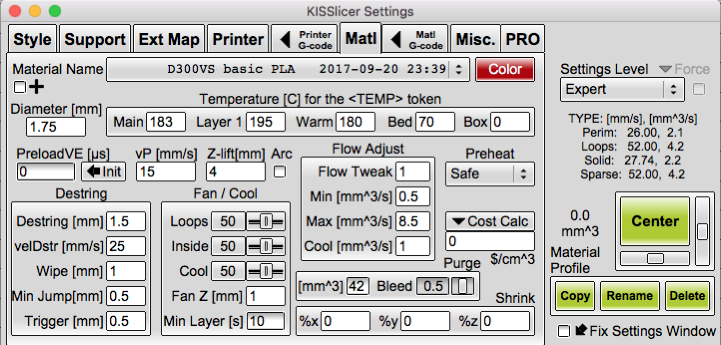 A screenshot of the material tab in KISSlicer.