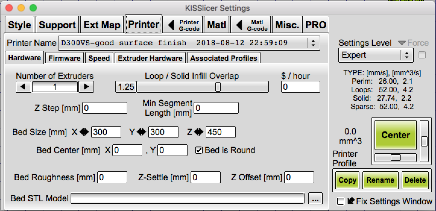 A screenshot of the printer tab in KISSlicer.